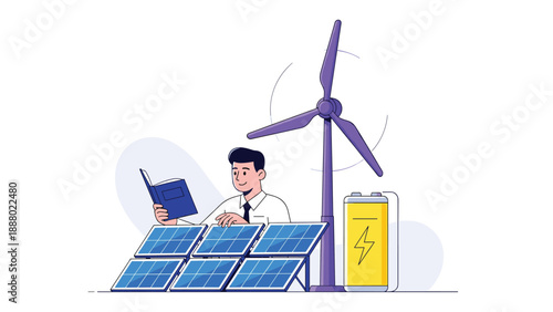 Environmental scientist studies renewable energy sources like solar panels and wind turbines while reviewing technical documents.