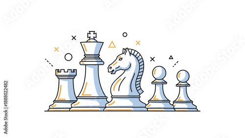 Set of white chess pieces including the king, knight, and rook are arranged in a clean line art style to symbolize strategy.
