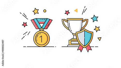 Collection of success symbols includes a first place gold medal, a silver trophy cup, and a protective shield for winners.