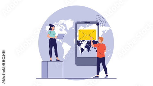 Two people use a giant smartphone to send digital messages across a world map to represent global communication and connectivity.