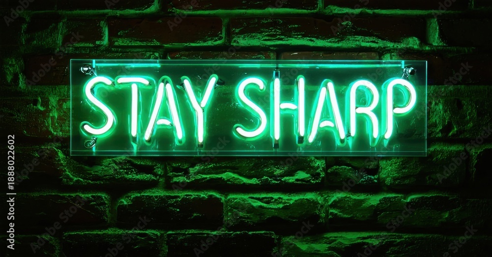 Fototapeta premium Bright neon sign displays Stay Sharp against textured brick wall. Dark background emphasizes glowing green lettering. Simple, modern aesthetic.