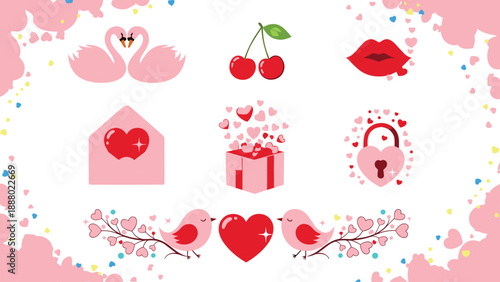 Romantic Valentine's Day illustration with swans, hearts, love birds, gift box, envelope, cherries, and lips on pink cloud background for festive celebration design