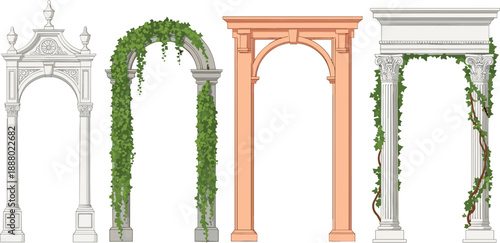 Set of elegant classical archway frames with ivy vines vector illustration, vintage garden entrance architecture elements collection