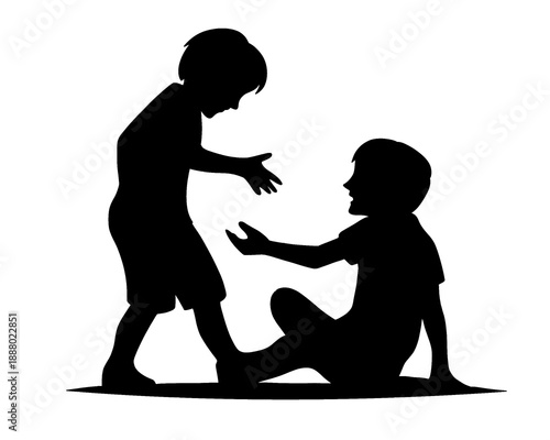 silhouette of a child helping his friend who has fallen, vector illustration, icon isolated on white background
