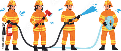 Set of firefighter characters with equipment vector illustration, fireman team holding hose and axe for emergency rescue design