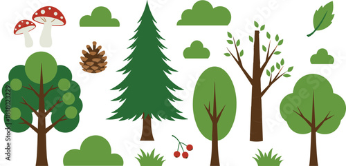 Set of forest tree elements vector illustration, cartoon nature woodland plants collection for landscape and eco design