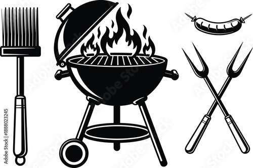 Black and white barbecue icon set featuring charcoal grill, basting brush, meat forks, and sausage skewer in minimal vector style for outdoor cooking themes.