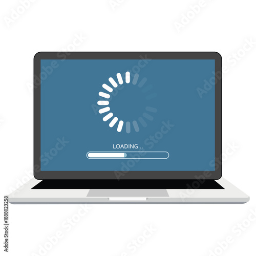 Laptop Loading Screen: The image shows a modern laptop displaying a loading screen, a universal symbol of technology processing and awaiting information.