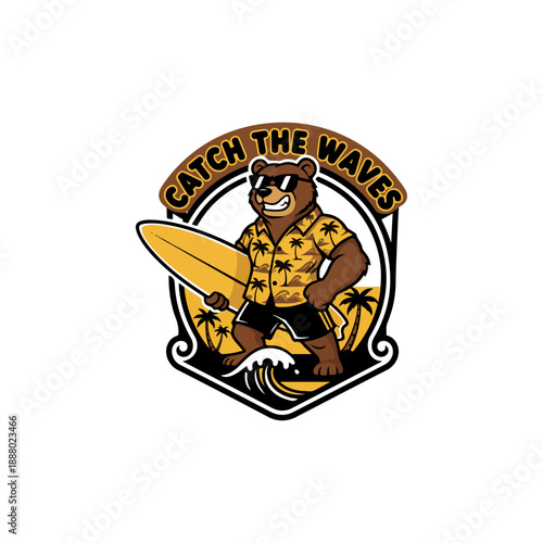 Cartoon bear surfer catching waves with surfboard.