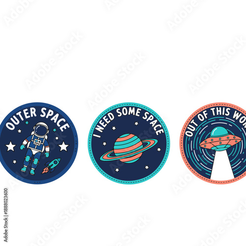 Three Round Space Themed Stickers Featuring Astronaut Planet and UFO.