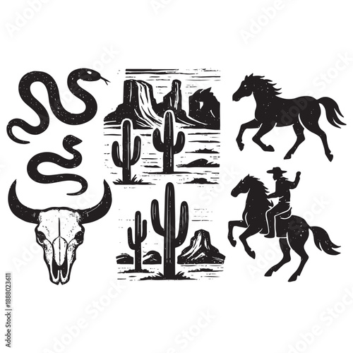 Western Desert Linocut Print Set – Boho Cactus, Canyon Wildlife & Rodeo Icons