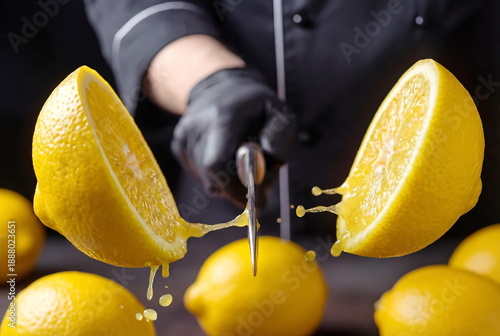The chef's hands, in black gloves and a black uniform, are cutting a lemon with a knife in zero gravity, juice splattering.