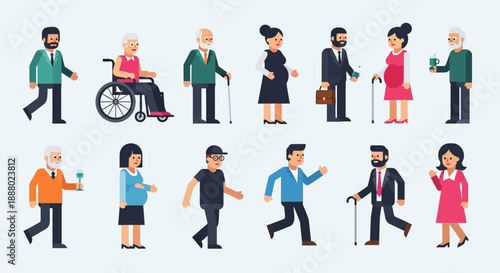 Diverse group of people walking in various attire and mobility aids