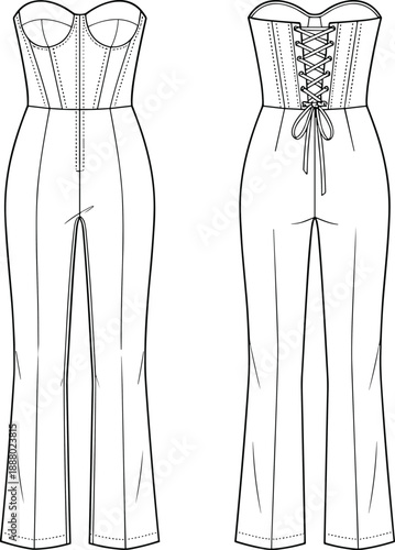 Strapless corset jumpsuit, structured bodice, lace-up back, flared pants, front and back sketch, flat vector illustration