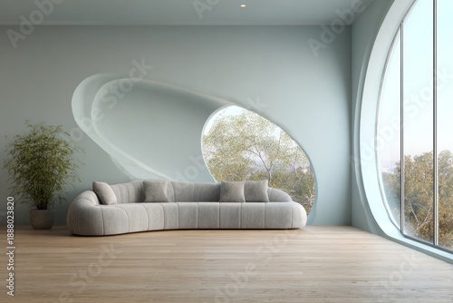Contemporary interior space features a curved sofa beneath organically shaped window cutouts revealing natural scenery