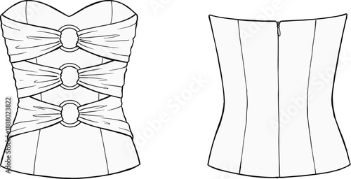 Strapless corset top, sweetheart neckline, gathered ring detail, front and back sketch, zipper closure, flat vector illustration