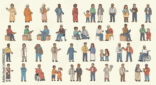 Diverse group of people in various occupations and activities, standing, sitting, and interacting with each other in a flat illustration style imagefx_gwvl5r_via_RJ_ImageFX_Auto