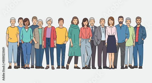 Diverse group of people standing together in a line, showcasing various styles and professions