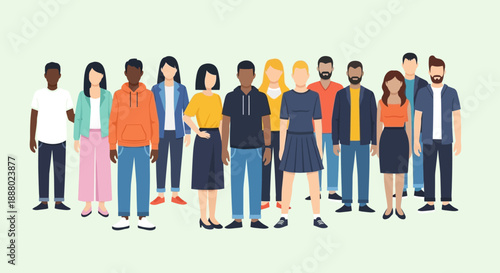 Diverse group of people standing together in a line, showcasing multiculturalism and unity in a flat illustration style