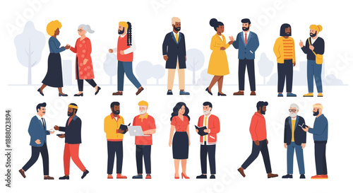 Diverse group of people interacting in a modern urban environment from an overhead viewpoint