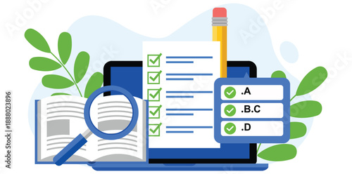 Online Education: A digital composition showcases essential elements of online education, highlighting the integration of digital tools like laptop, magnifying glass.