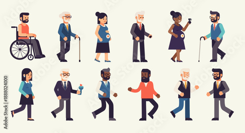 Diverse group of people walking and moving with various mobility aids in a seamless illustration style via RJ ImageFX Auto