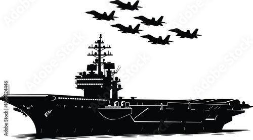 Aircraft carrier silhouette with fighter jets, navy warship at sea, military naval fleet illustration, defense aviation scene, black vector graphic design