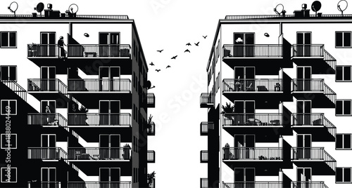 Apartment building silhouettes, urban residential architecture, balcony facade, city housing illustration, modern flats, skyline scene, black vector design, detailed graphic