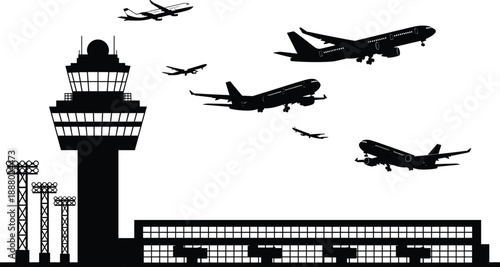 Airport control tower silhouette, airplanes taking off and landing, aviation terminal building, runway lights, air traffic scene, black vector illustration graphic