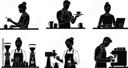 Barista silhouettes set, coffee shop workers preparing drinks, cafe staff serving espresso, professional barista poses, black vector illustration collection