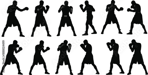 Boxing silhouettes collection, fighter poses, sports training, combat stance set, flat vector design for fitness, workout, and boxing projects illustrations