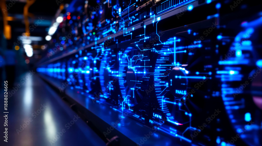 Obraz premium Futuristic Data Center with Glowing Blue Circuits