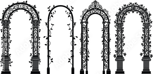 Decorative garden arch silhouettes set, wrought iron floral arches, vintage ornamental gate frames, wedding and garden entrance designs, black vector illustration collection