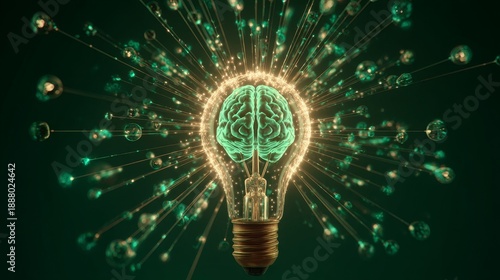 Creative idea generation with glowing brain in lightbulb