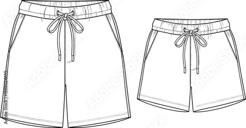 Drawstring shorts technical sketch, casual men and women shorts outline, fashion garment template, textile apparel design, black and white vector illustration