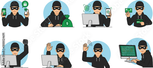 Hacker character set, cyber crime illustration, online fraud icons, masked thief avatar, digital security concept, flat vector design, cybersecurity cartoon collection