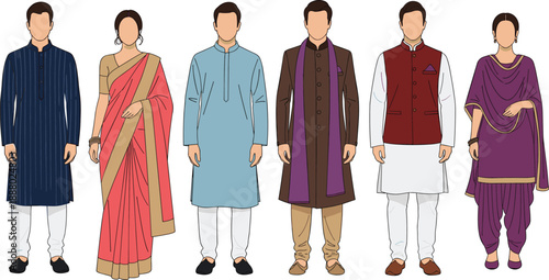 Indian traditional clothing set, men and women ethnic outfits, kurta, sherwani, saree, salwar kameez, flat vector illustration, cultural fashion characters