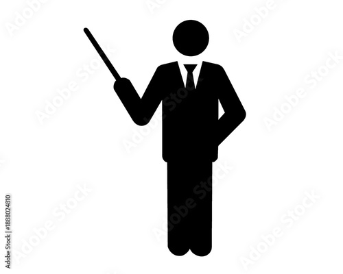 Silhouette of a teacher teaching while holding a stick, vector illustration, icon isolated on white background.
