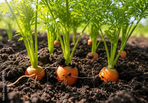 Close-up of fresh carrots growing in rich soil, their green tops reaching towards the sunlight.