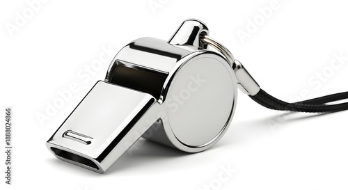 Referee whistle macro detail with metallic texture and clarity. Isolated on White background.