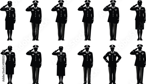 Military officer salute silhouettes set, army uniform personnel figures, male and female soldiers standing poses, black vector illustration collection for defense