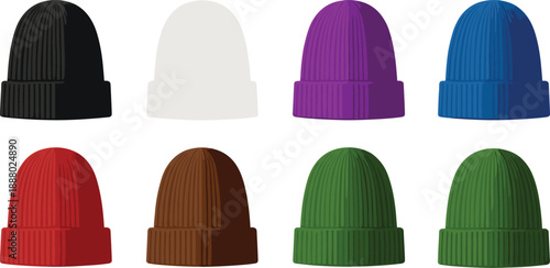 Knitted beanie hat set, winter knit cap collection in multiple colors, warm headwear accessory, fashion apparel vector illustration, realistic flat design