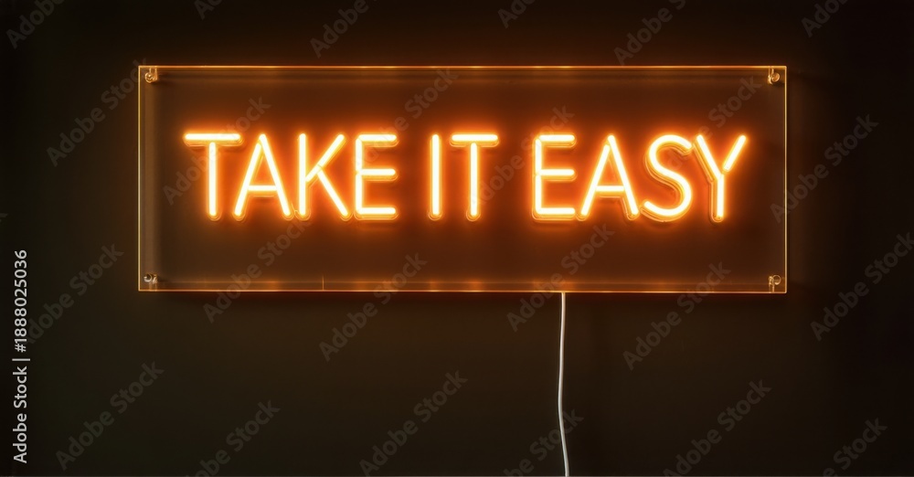 Fototapeta premium Bright neon sign displays text take it easy. Dark background emphasizes glowing orange illumination. Simple, modern aesthetic.