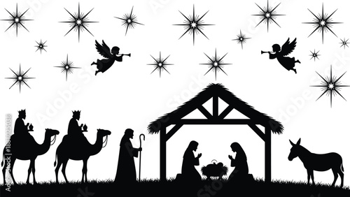 Nativity scene silhouette, Christmas manger illustration, holy family, wise men, angels, Bethlehem night sky, religious holiday vector, festive Christian artwork