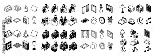 Isometric home items and activities set