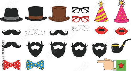 Party props vector set, hats glasses moustaches beards lips bow ties pipe hand gesture, fun celebration accessories, colorful flat illustration