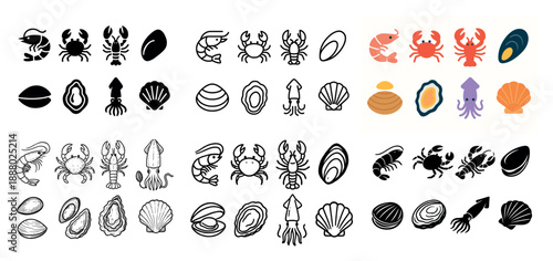 Seafood icon set: crabs, clams, squid