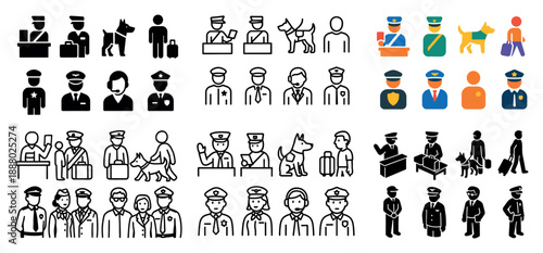 Police officers and dogs icons set