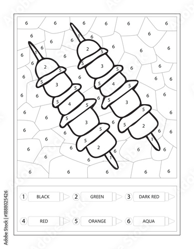 Kebab Skewers Food Color by Number Educational Worksheet for Kids
