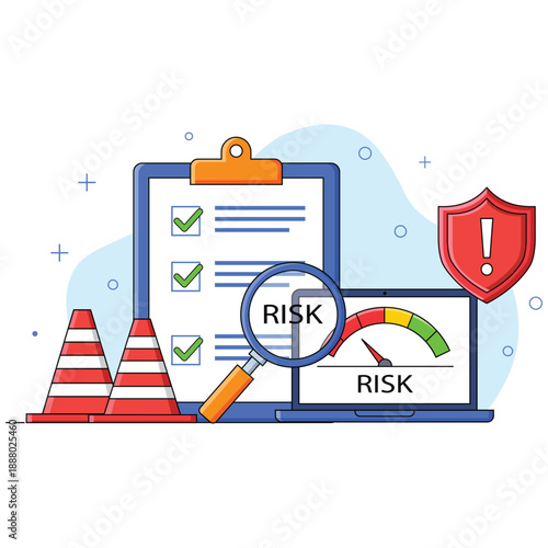 Risk Assessment Visualized: An illustrative depiction of risk assessment, featuring essential elements such as checklists, magnifying glasses, hazard signs.